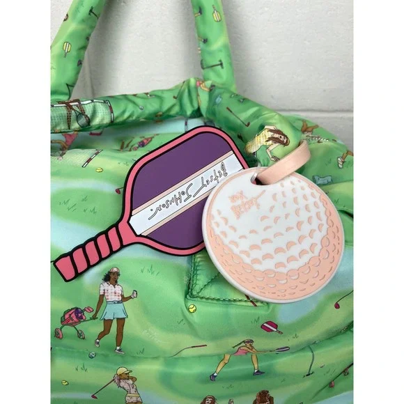 NWT Betsey Johnson Golf Tennis Print Puffer Large Travel Tote Bag Green Multi - Picture 2 of 13